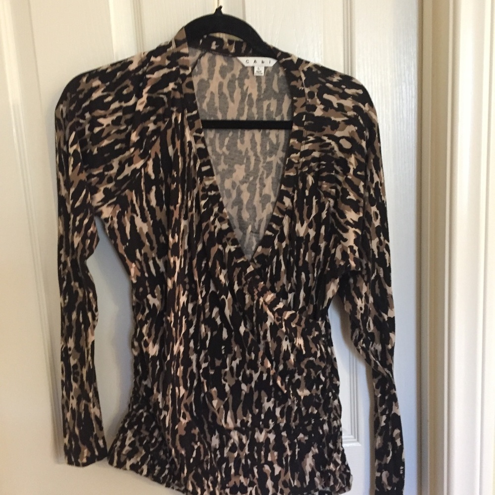 CAbi Black & Tan Animal Print Wrap Top Size Large